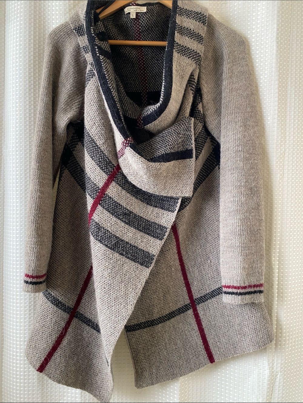 Open-Front Plaid Drape Cardigan Sweater - Taupe with Black & Wine Accents